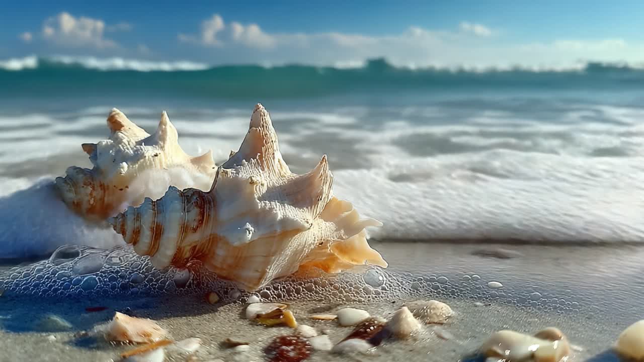 A Stunning Close-Up View of a Beautiful Shell on a Tranquil Shoreline, Capturing the Essence of Nature, Sunlight, and Serene Waves lapping Gently in the Background