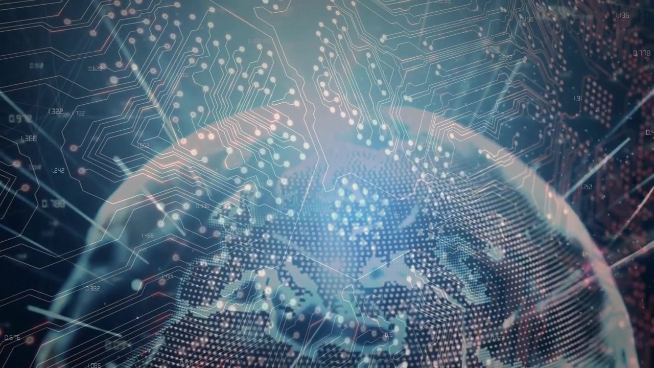 Floating digital globe rotating left while pulsing circuits and sending streams visualizing network