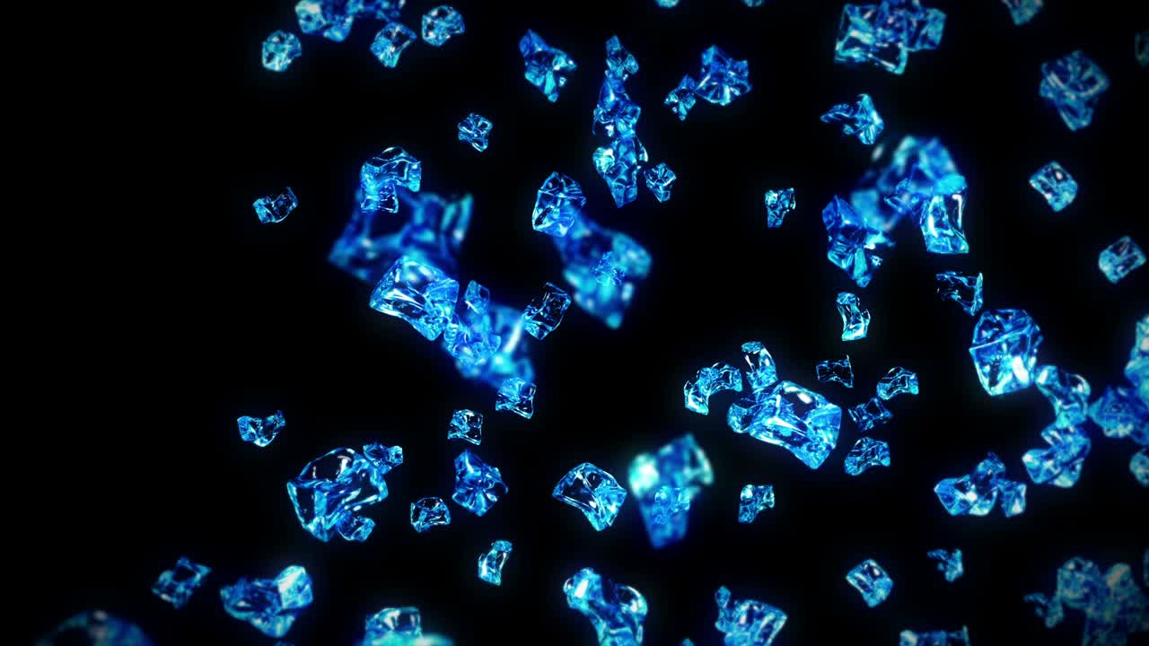 검은색 바탕에 많은 깨한 얼음 큐브를 날아. 부서진 얼음 조각, 자연 물. 부러진 얼음의 3d 애니메이션 회전. 루프 애니메이션.