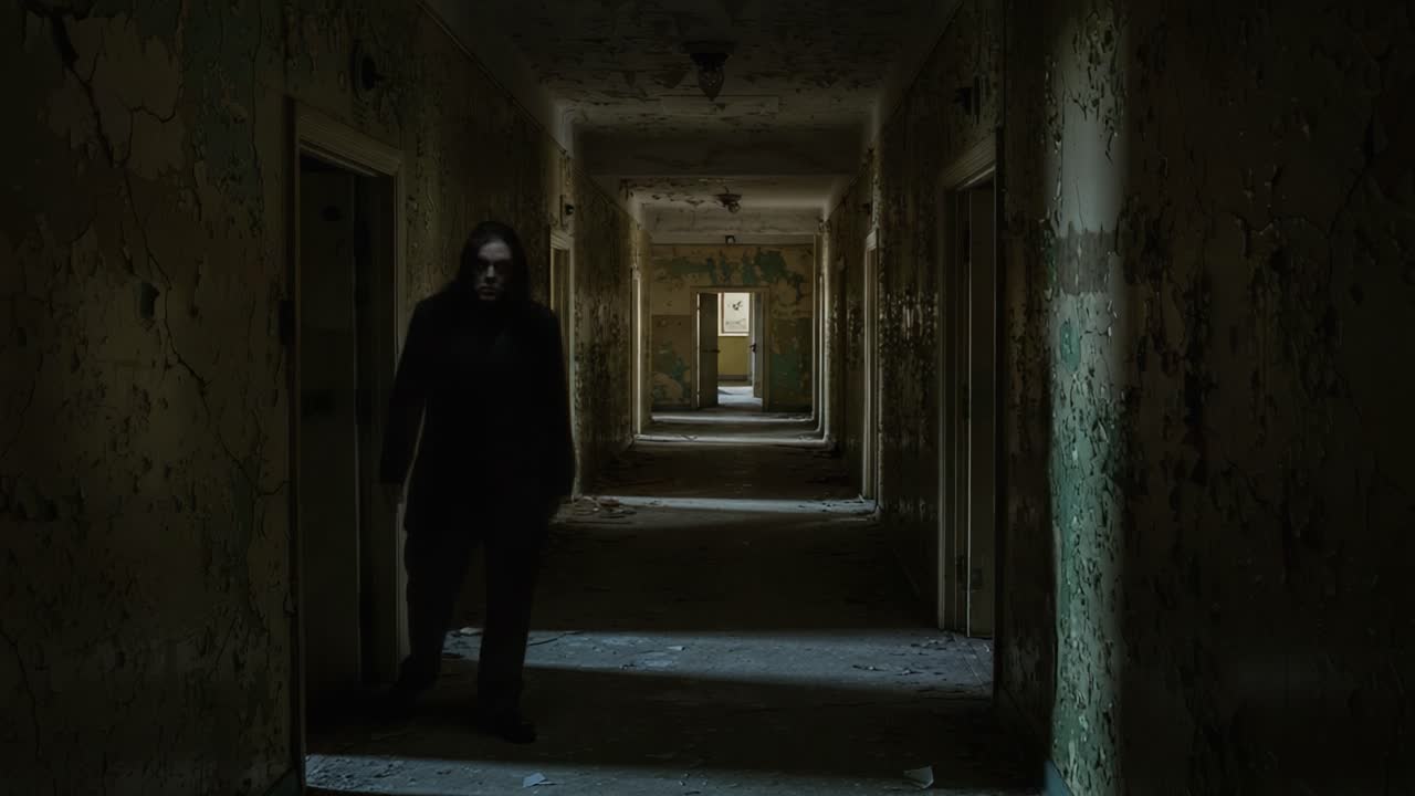 Mysterious Figure Haunts Abandoned Corridor in Eerie Dilapidated Building, Creating a Chilling Atmosphere with Shadows and Faded Walls