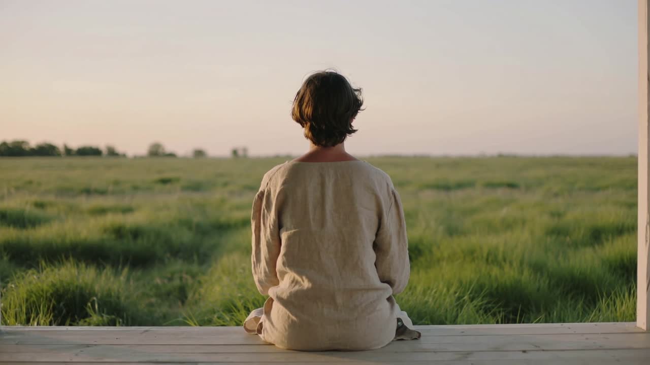 Sitting adult crosslegged in linen, facing horizon between porch posts, camera pushing in for dawn