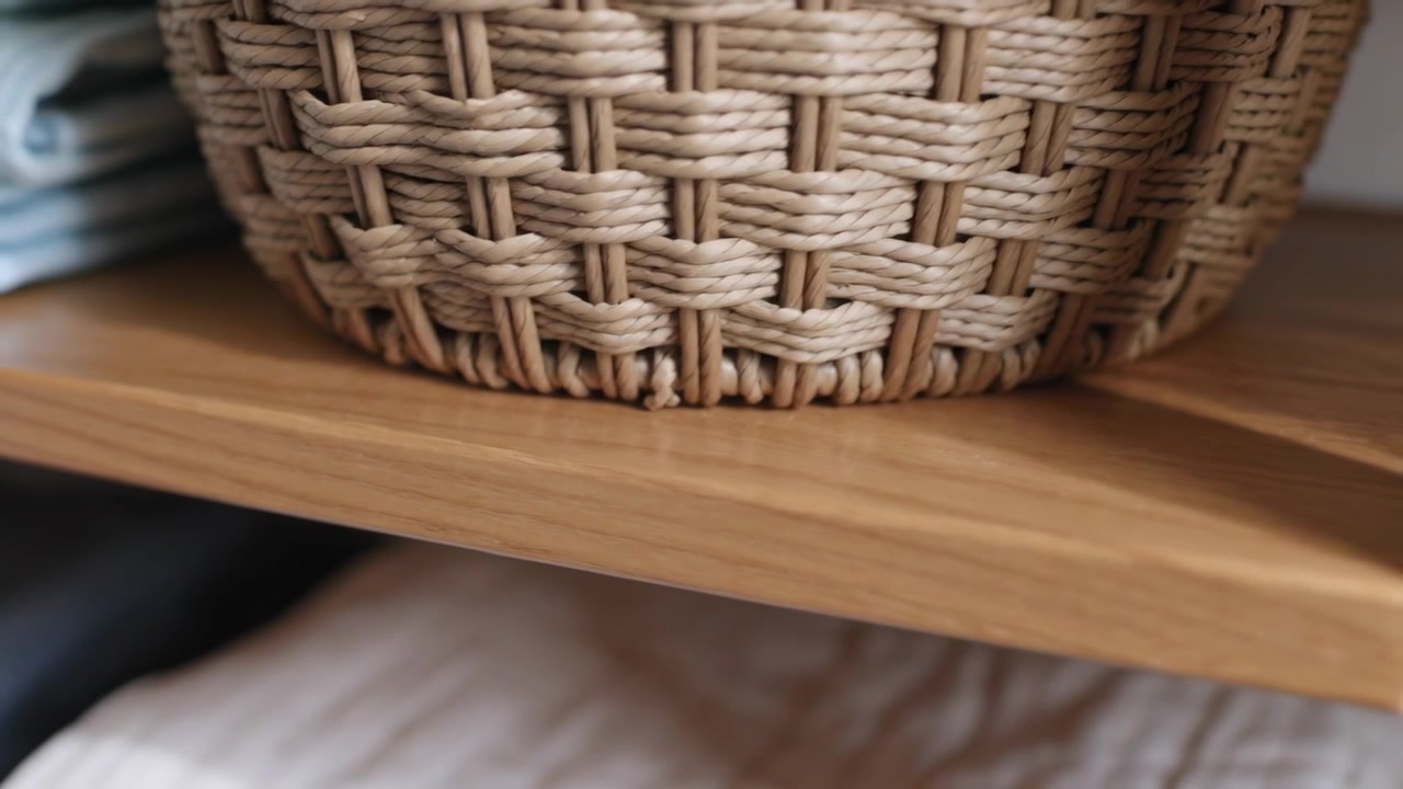 Shifting camera revealing woven basket in bedroom closet, exposing weave detail and stacked linens