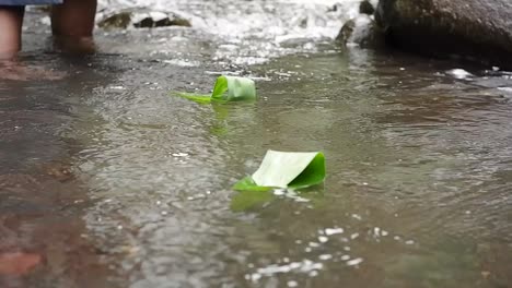 a man is playing a boat made of bamboo leaves in a clear river