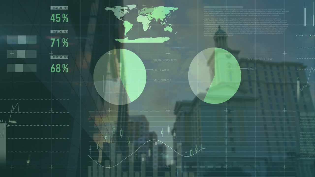 animación del procesamiento de datos y diagramas sobre el paisaje urbano.