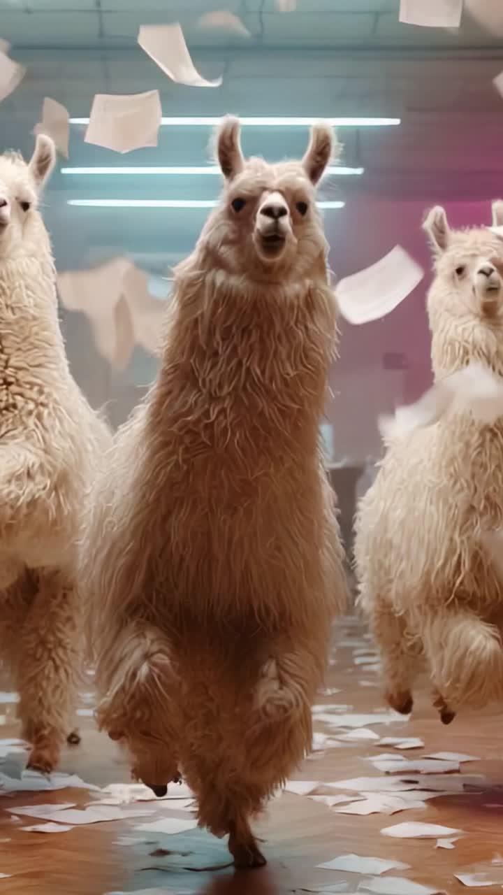 A Charming Scene with Fluffy Llamas Exuberantly Strutting While Papers Flutter Around in a Playful Display of Energy and Joy in a Colorful Environment