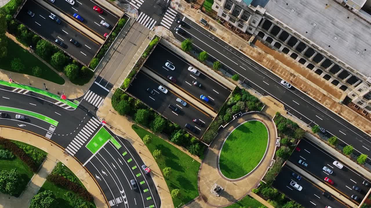 Traffic flow and greenery in urban Philadelphia from a drone view