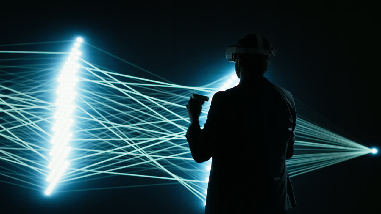 Silhueta de homem com headset VR e rede neural brilhante