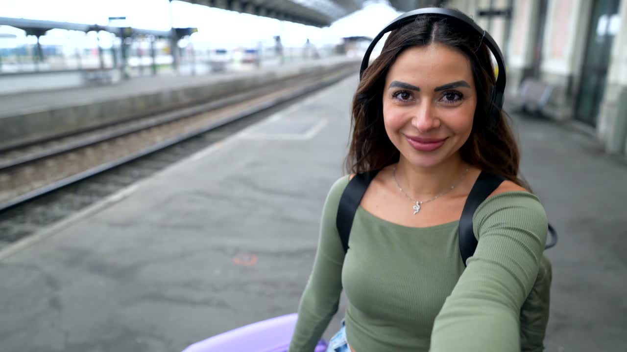 Woman at a train station wearing headphones