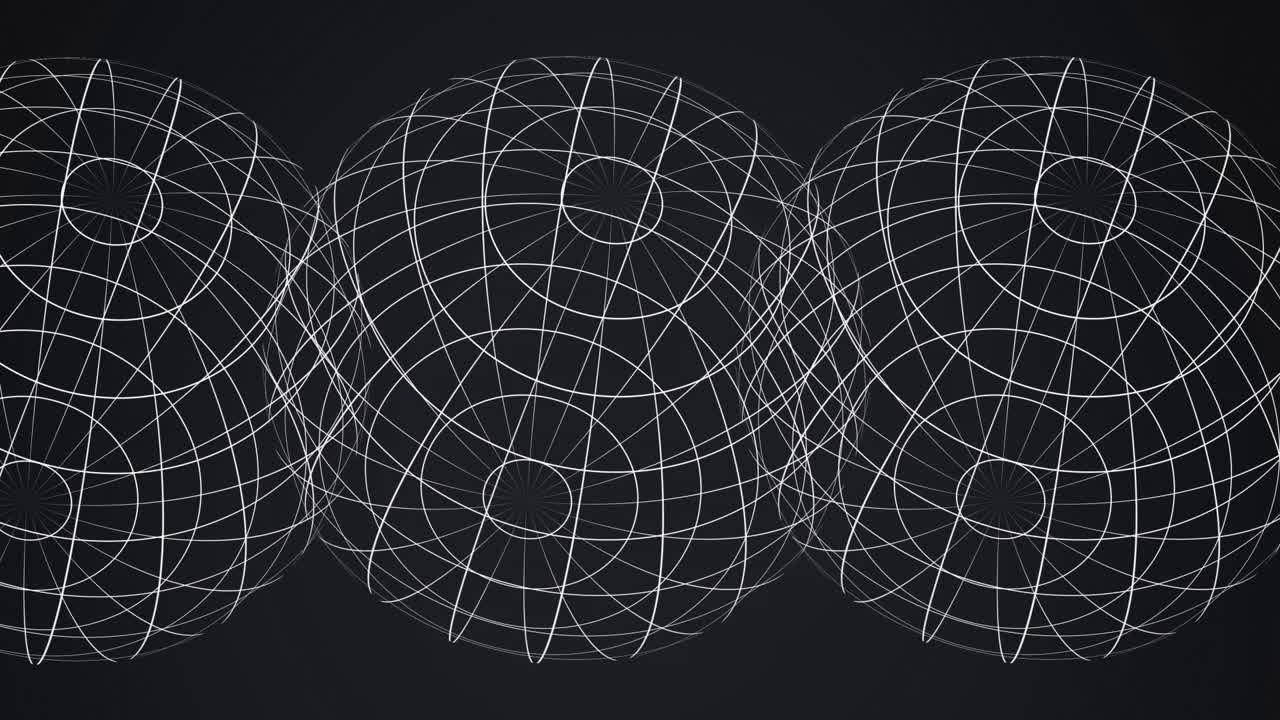 Animation of three white of digital globes spinning on black background