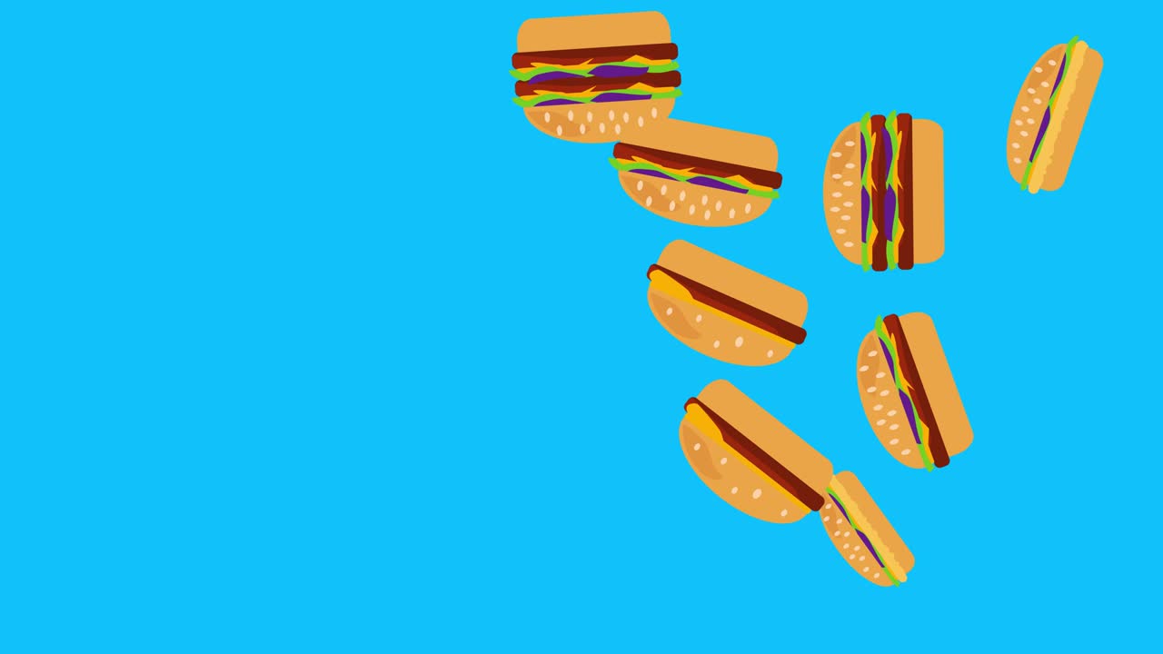 animación del grupo de hamburguesas, diseño plano, pantalla azul clave de croma