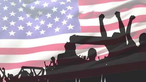 animation of sports supporters silhouettes over flag of united states of america