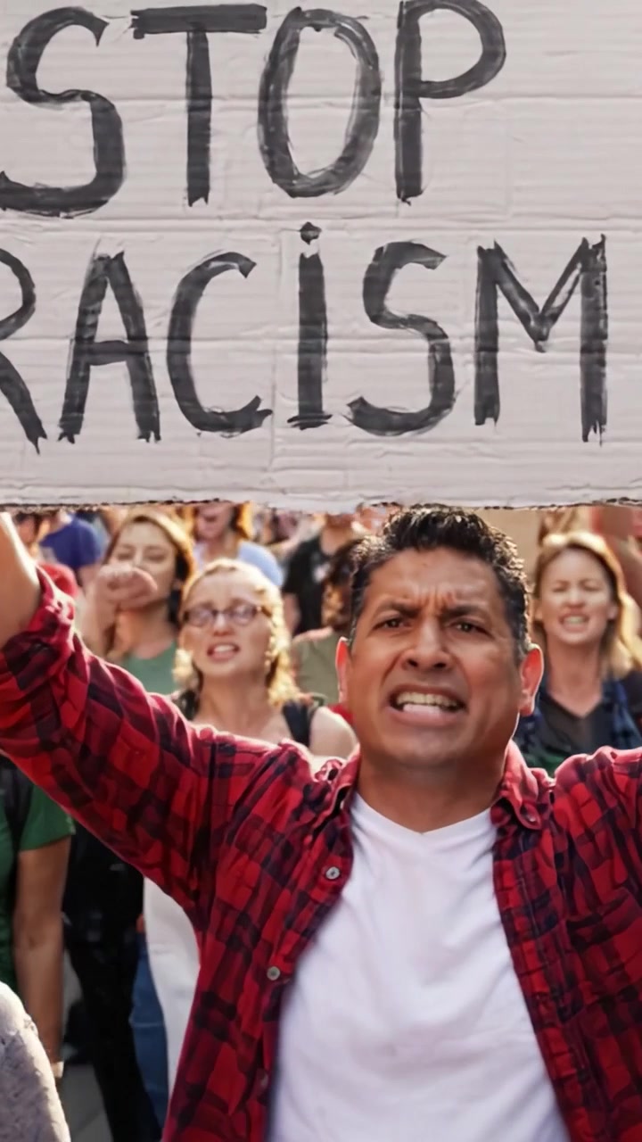 A Passionate Protestor Demands Change by Holding a Sign Against Discrimination, Advocating for Justice and Equality in a Powerful Demonstration Against Racism