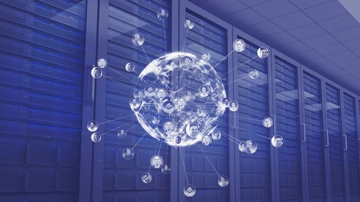 Spinning digital globe in data server center