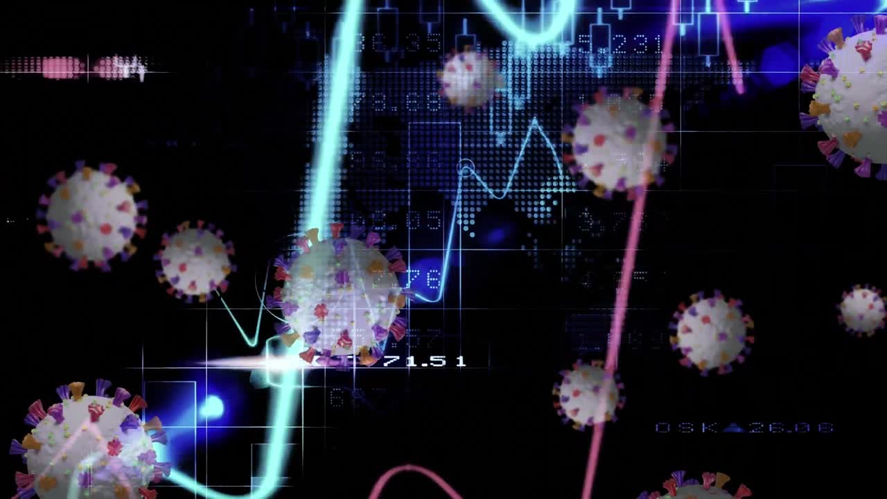 animación de las células de covid 19 sobre estadísticas y procesamiento de datos
