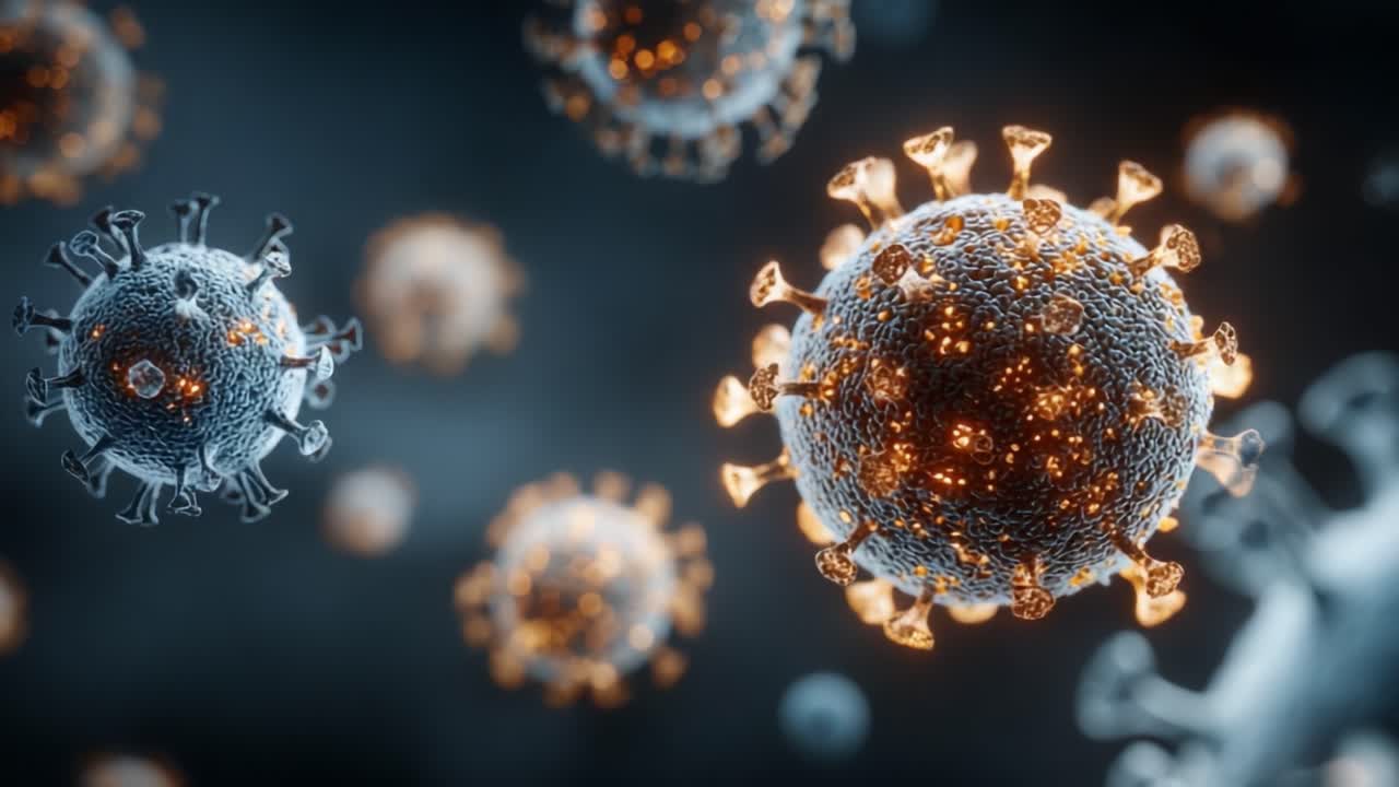Una visualizzazione scientifica dettagliata di virus con enfasi sulle loro superfici testurizzate e caratteristiche morfologiche uniche in condizioni di illuminazione drammatiche