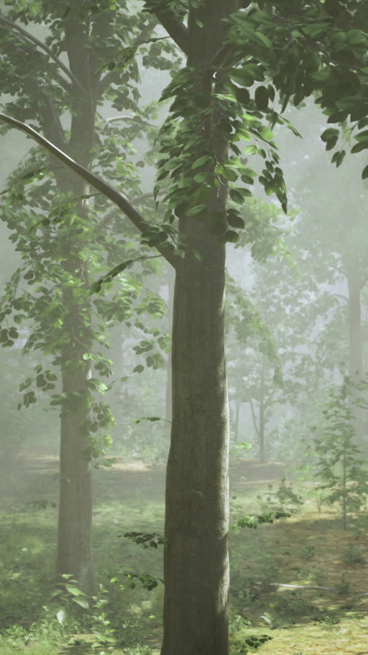Beautiful forest landscape with mist and sunlight filtering through trees