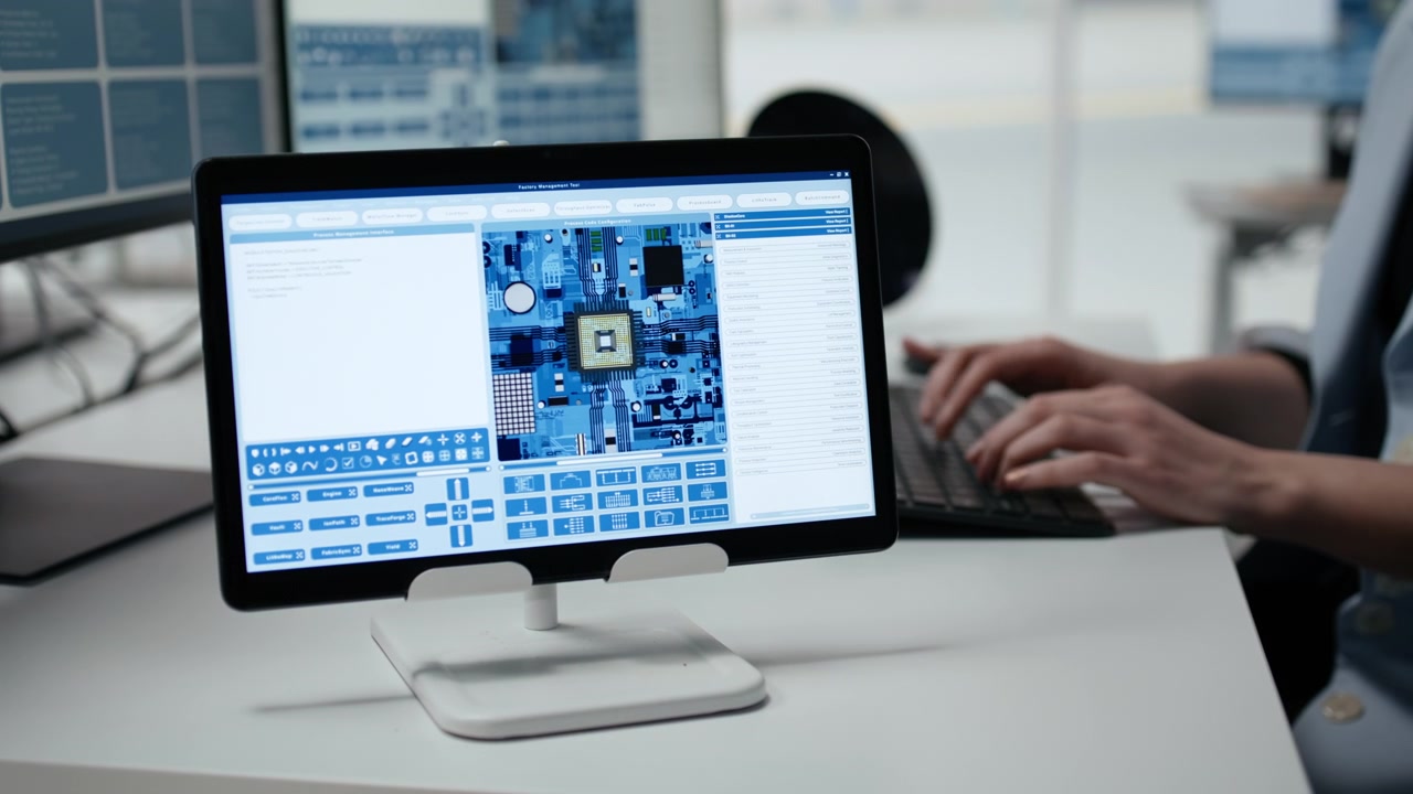 Tablet che mostra il design di un circuito stampato mentre una persona digita sulla tastiera