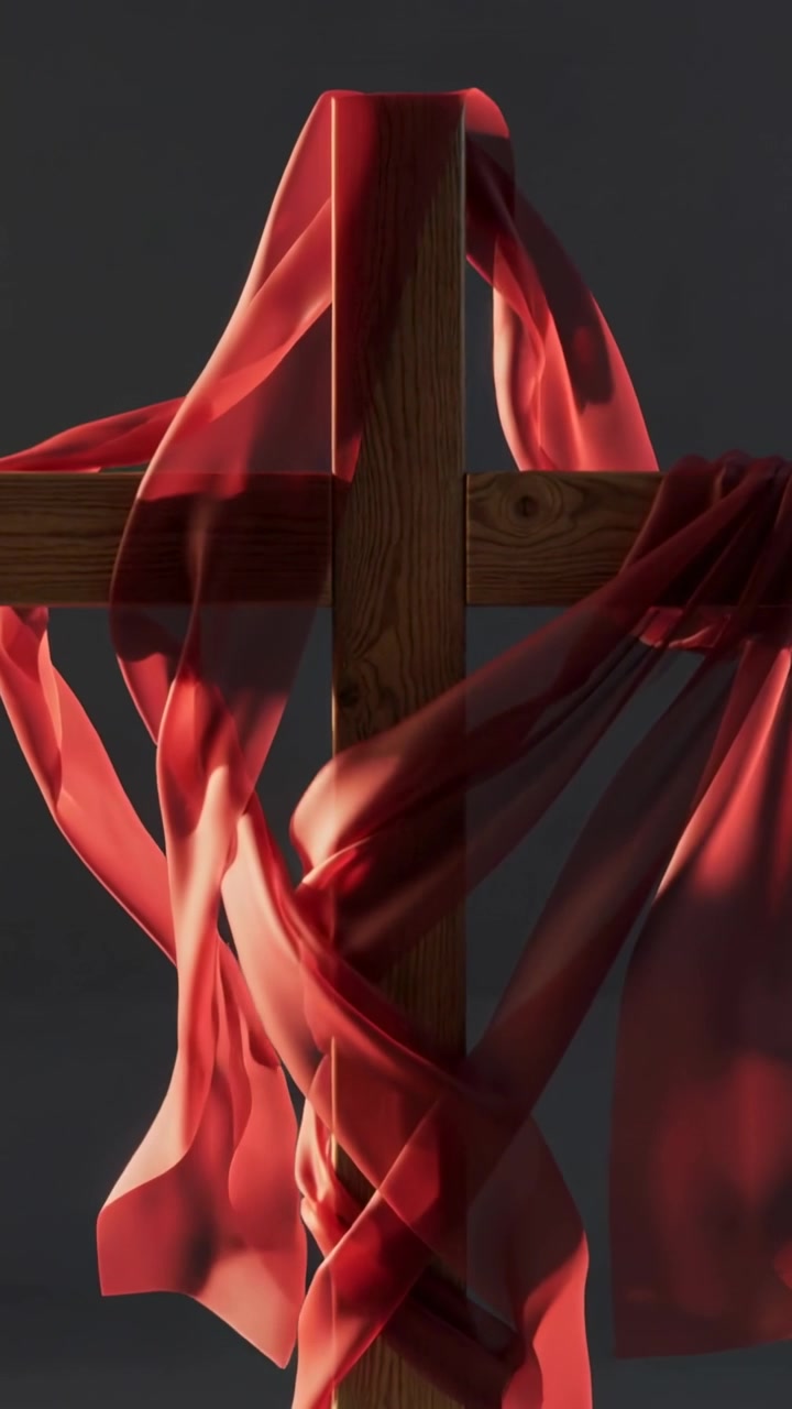 Video verticale: Chiffon rosso increspato che reagisce al flusso d'aria attorno a un palo e una trave di legno, con illuminazione soffusa.