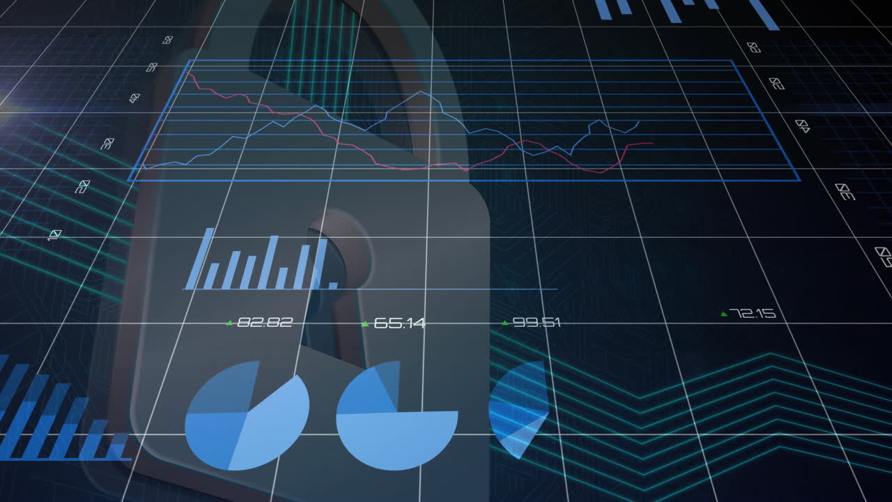 Translucent padlock icon visualizing cyber analytics showing neon line graphs and donut chart