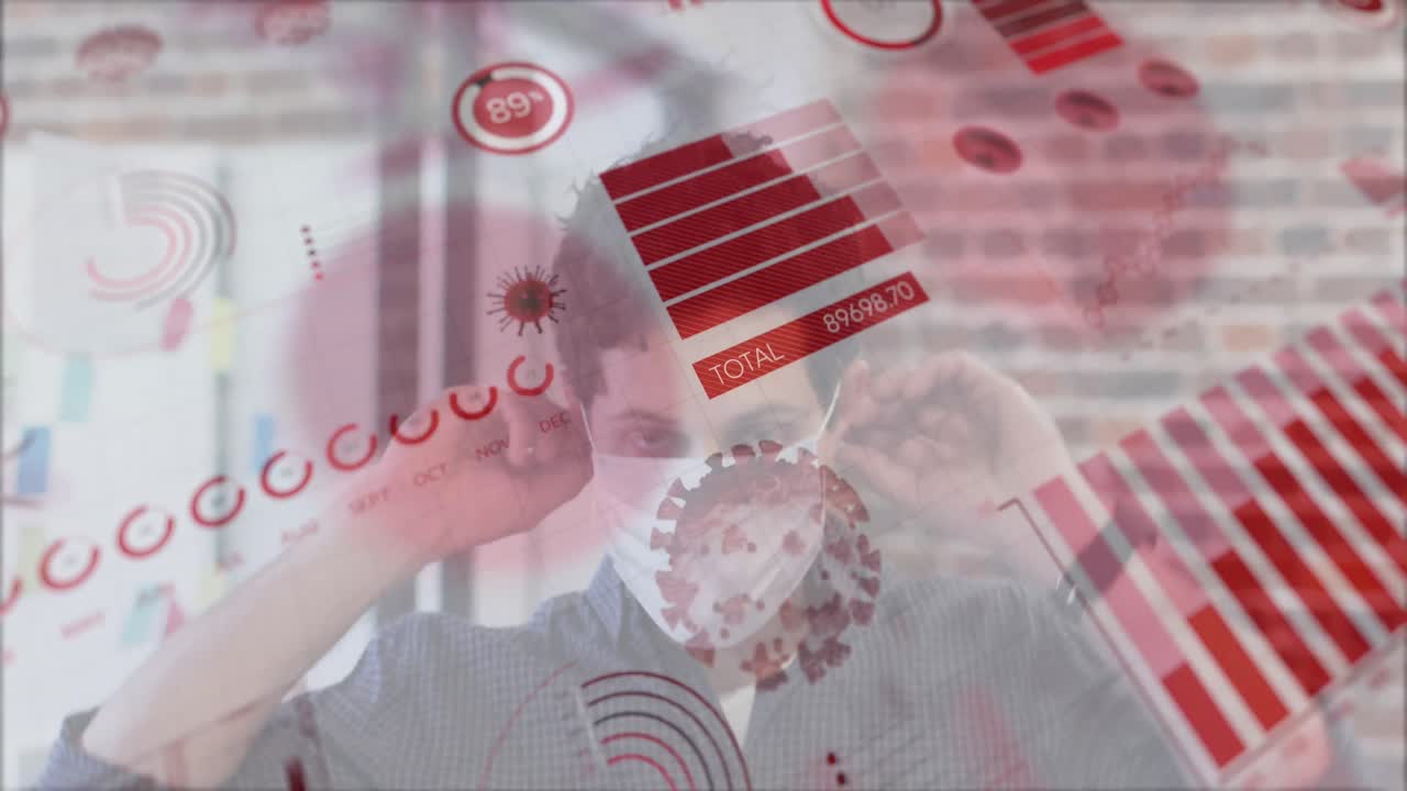 데이터 처리 및 코로나 19 바이러스 세포의 애니메이션 얼굴 마스크를 착용한 사람