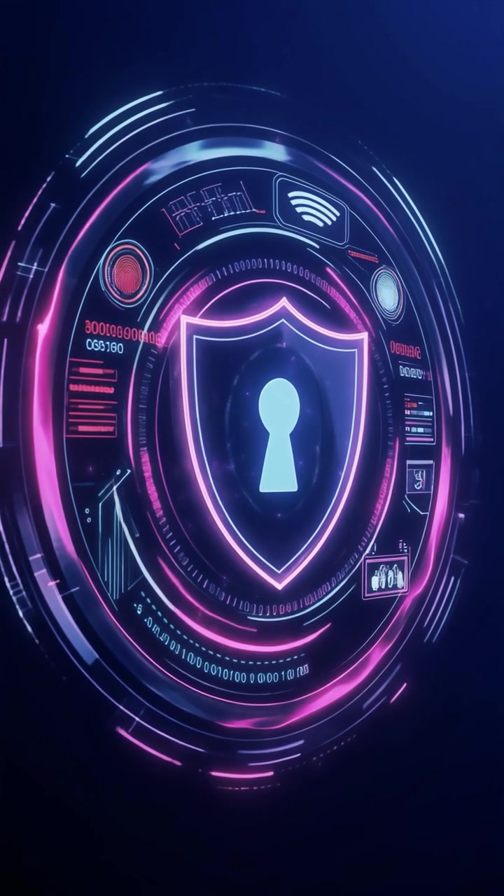 Digital Cybersecurity Shield Interface with Glowing Neon Graphics