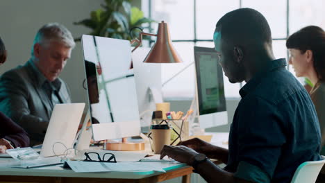 startup office, man and hands documents to black