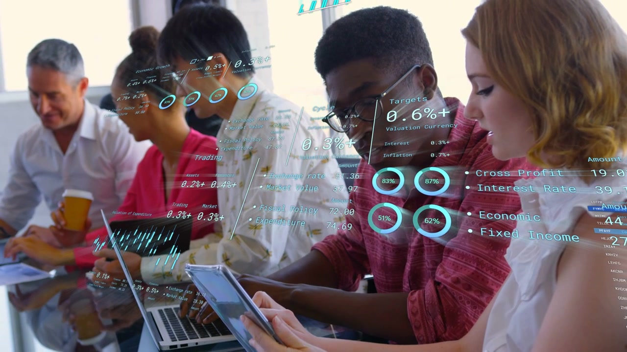 Vertical video: Seeing overlay appear team of five analyzing data at desk using devices in workwear