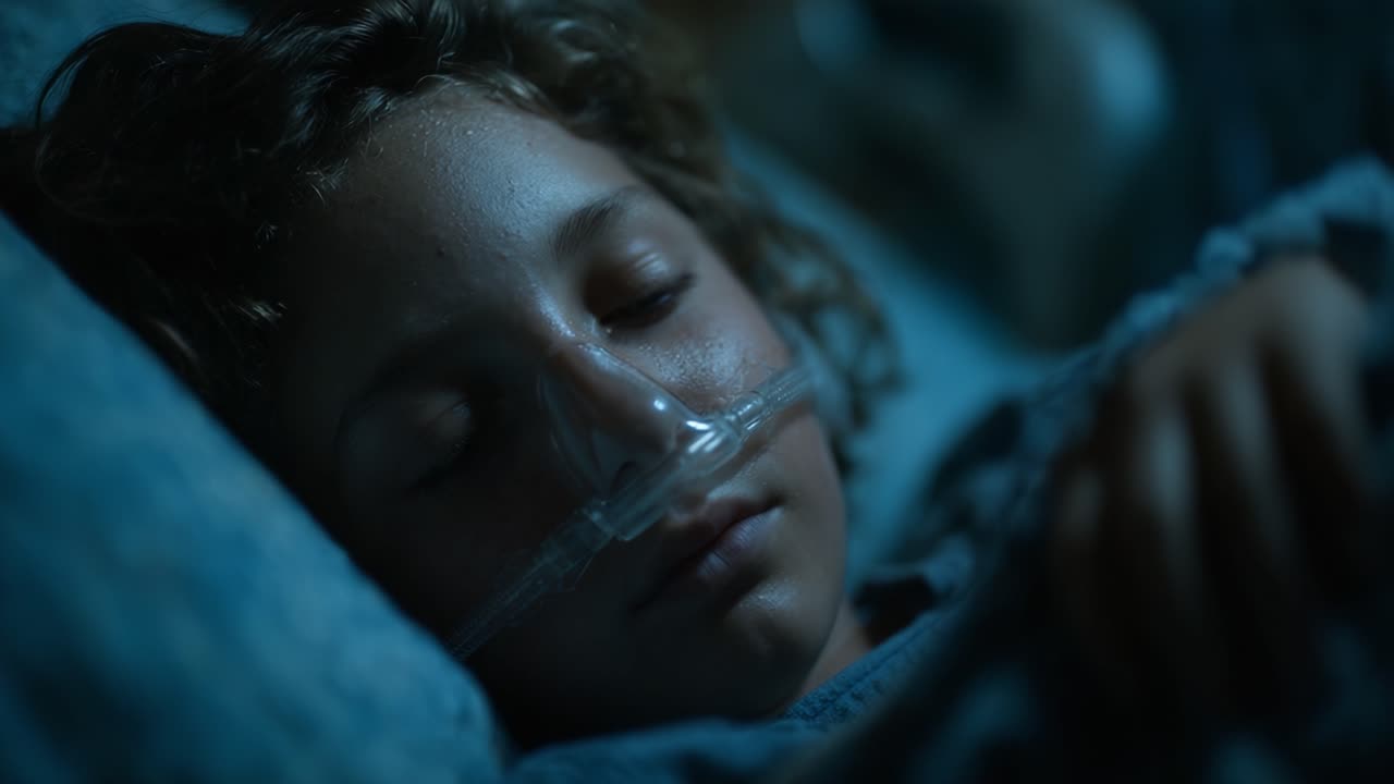 Et lille barn på et hospital, der hviler fredeligt med iltstøtte, afspejler modstandskraft og håb midt i helbredsudfordringer i et dæmpet oplyst miljø.