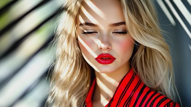Una donna con i capelli lunghi e biondi e il rossetto rosso