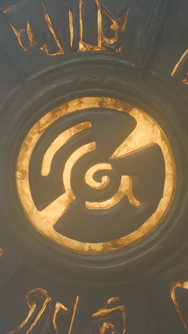 Video verticale: Telecamera in movimento che si avvicina a un medaglione intagliato nel soffitto, rivelando un motivo a spirale e un bagliore.