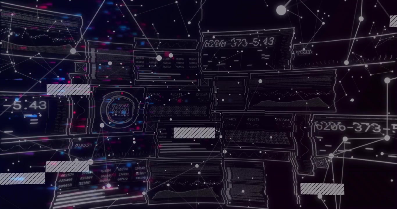 Data nodes emerging in dark void starting grid, sliding labels updating numbers for visualization