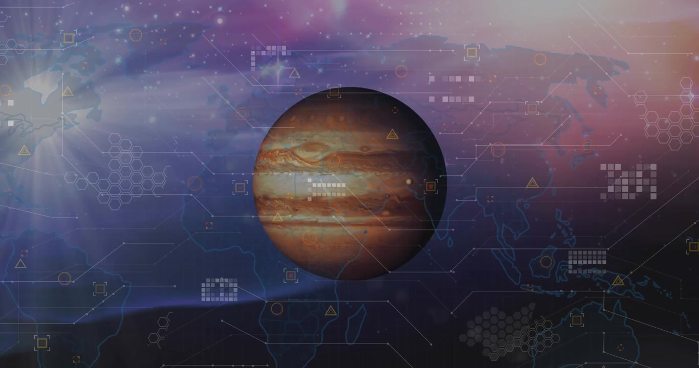 A digitally generated animation of data processing over a world map on a transparent background