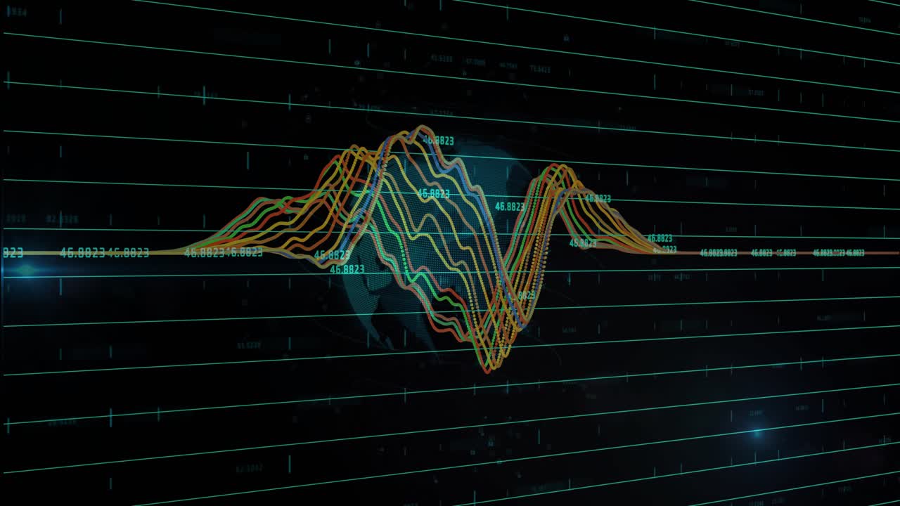 Waveform strands starting with crest above rotating globe, animating peaks highlighting grid values
