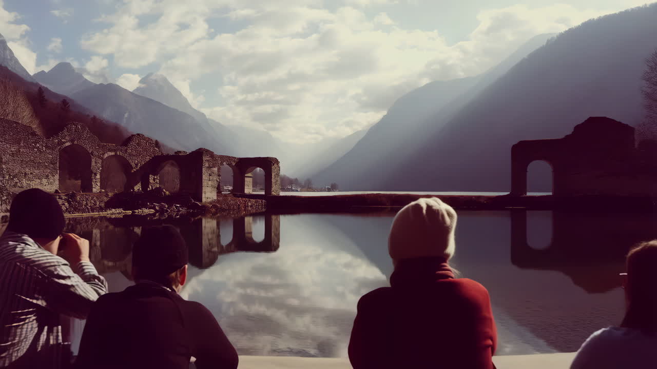 Panoramic View of Ancient Ruins Reflecting in a Mountain Lake with Observers