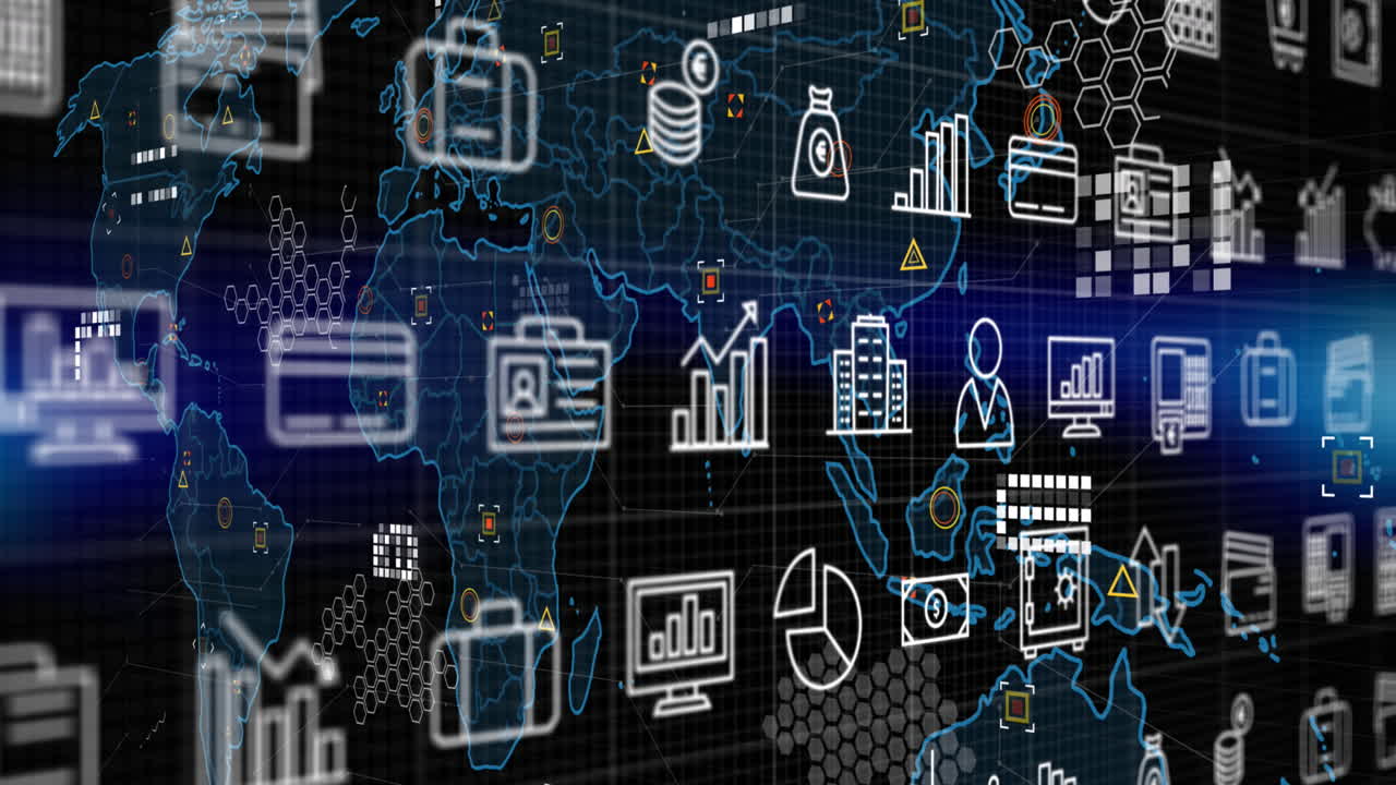 animación de iconos financieros y procesamiento de datos sobre el mapa del mundo
