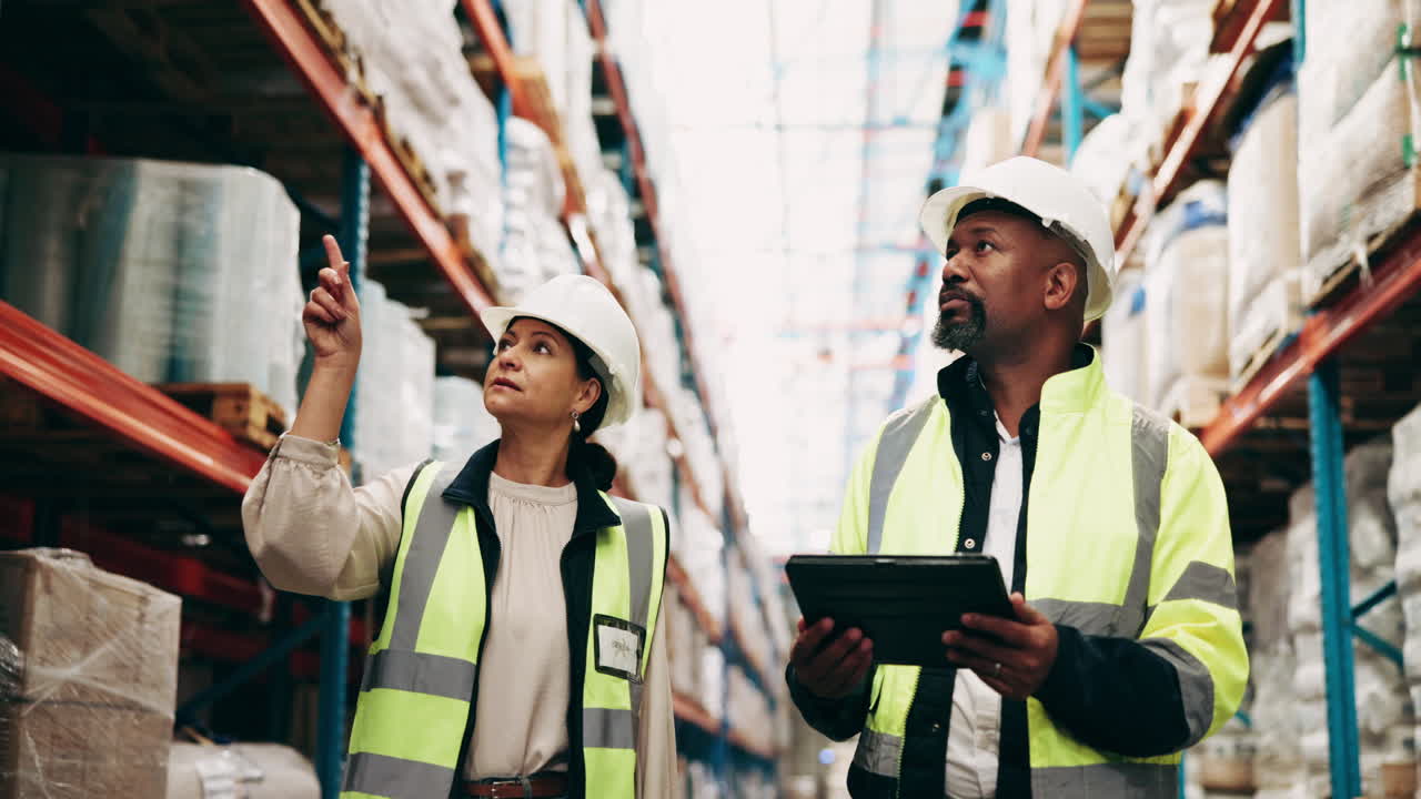 Warehouse workers discussing inventory using a tablet
