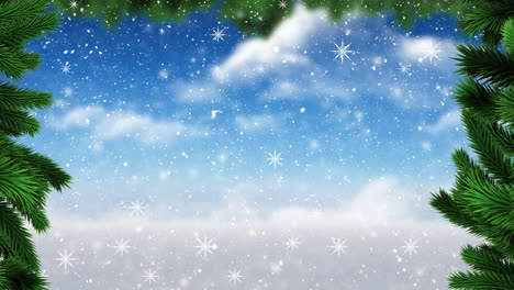animation of falling snowflakes over fir tree branches