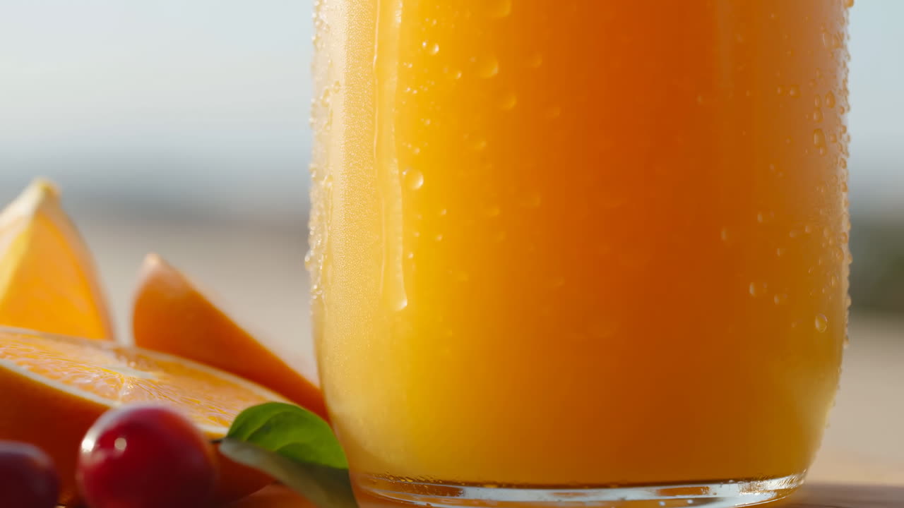 Closeup Glass Orange Juice Condensation Seaside, Orange Slice Cherry And Basil Garnish, Droplets On Glass,