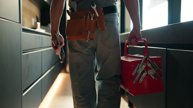 Uomo che cammina con cintura e cassetta degli attrezzi in una casa moderna