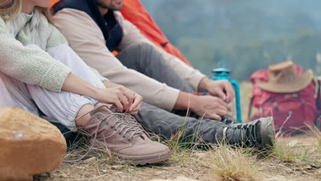 couple, tie and shoes at camp in outdoor