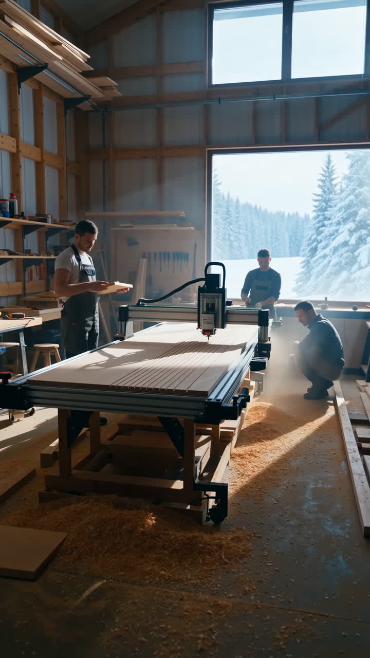 Men working on a CNC machine in a sunlit woodworking shop with a snowy outdoor view