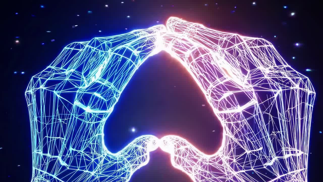 Digital wireframe hands forming a glowing sphere in space