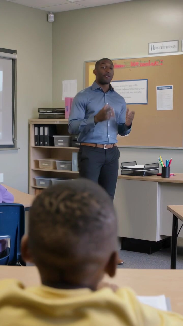 Vertical video: Walking teacher in blue shirt from back-left to front, gesturing, teaching at desks