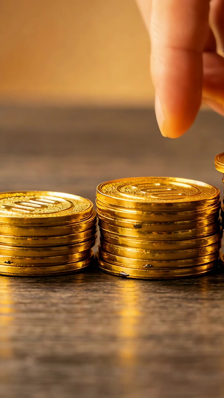 Vertical video: Entering upper-right, hand placing coin and stacking on 2 gold stacks on tabletop