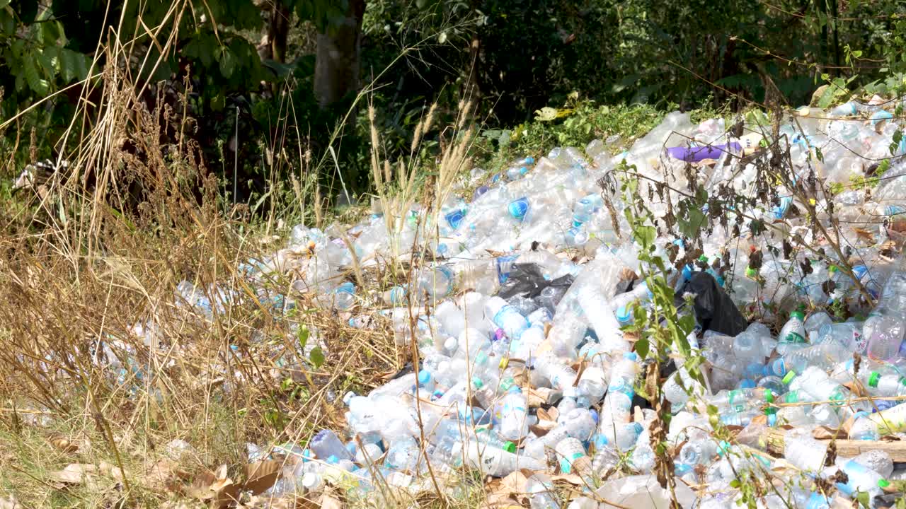 Pile of discarded plastic bottles in a natural setting, highlighting environmental pollution