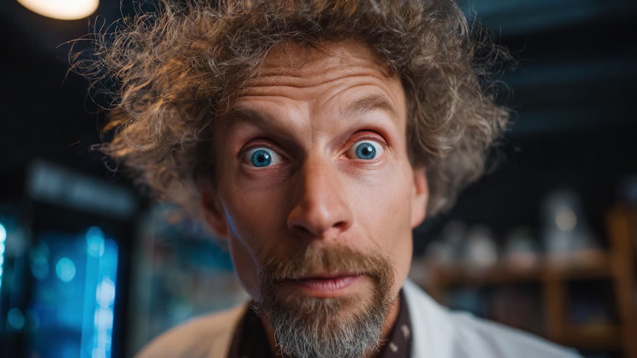 Um cientista excêntrico com cabelos selvagens e expressão surpresa é capturado em dois frames, mostrando uma personalidade peculiar em um ambiente de laboratório cheio de curiosidade