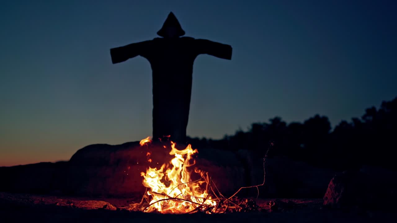 Spooky nightmare figure with long hood is turning. Small campfire and black silhouette of a witch at night.