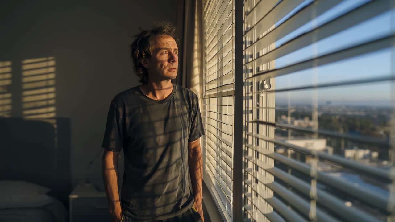 Homem contemplativo com camiseta cinza em frente à janela do quarto, absorvendo a luz da manhã através das persianas