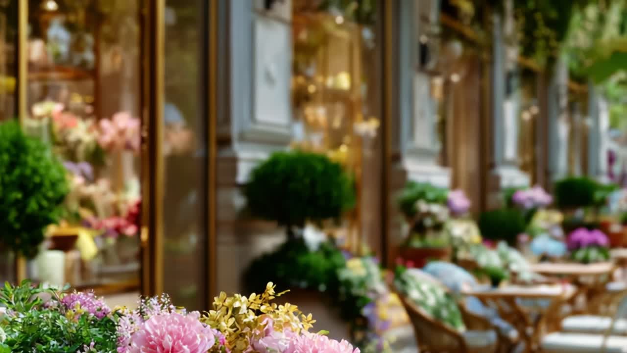 A Vibrant Flower Shop Exterior Showcasing Colorful Blooms, Lush Greenery, and Inviting Seating Amidst a Decorative Urban Atmosphere, Perfect for Nature Lovers and Passersby