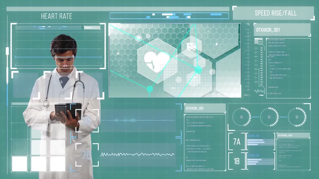 Digital interface with medical data processing against male doctor wearing digital tablet